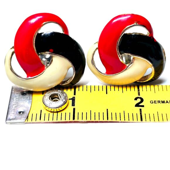 Vintage Red White Blue Large Enameled Knot Clip On Earrings - Picture 2 of 3
